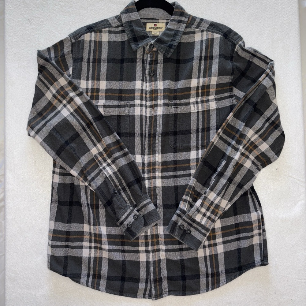 Woolrich Mens Large Gray Plaid Flannel Shirt 100% Cotton Long Sleeve Button Down